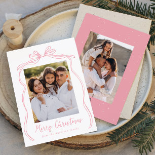 Vintage Pink Bow Merry Christmas 2 Photo Holiday Card