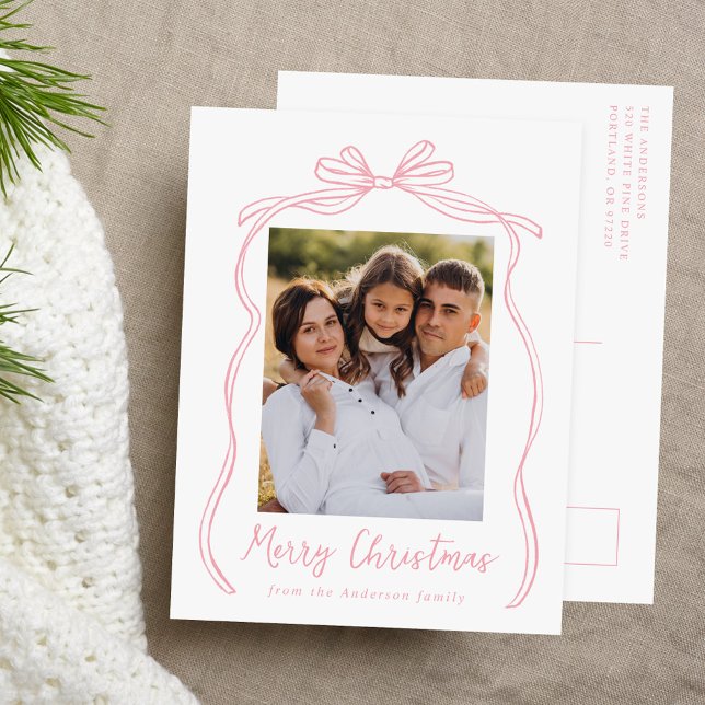 Vintage Pink Bow Merry Christmas Photo Holiday Postcard (Creator Uploaded)