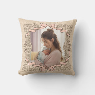 Vintage Pink Bow Mother Child Photo Frame Cushion