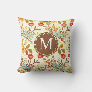 Vintage Pink Brown Blue Floral Monogram Throw Pill Cushion