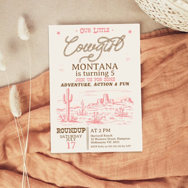 Vintage Pink Brown Western Desert Cowgirl Birthday Invitation (Cowgirl Birthday Invitation, Vintage Cowgirl Birthday Invite, Any Age, Western, Wild West)