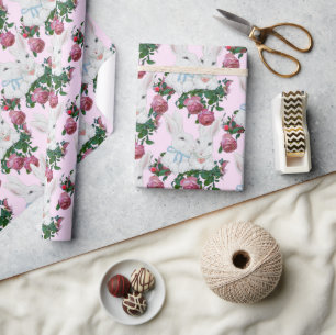 Vintage Pink Bunny Rabbit Rose Floral Cute Pattern Wrapping Paper