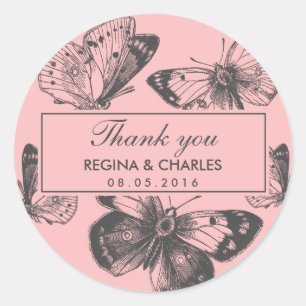 Vintage Pink Butterfly Wedding Thank You Sticker