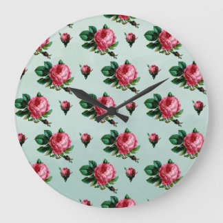 Vintage Pink Cabbage Roses Large Clock