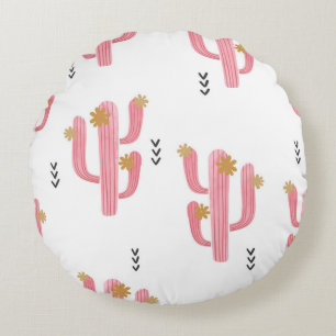 Vintage Pink Cactus Watercolor Pattern Round Cushion