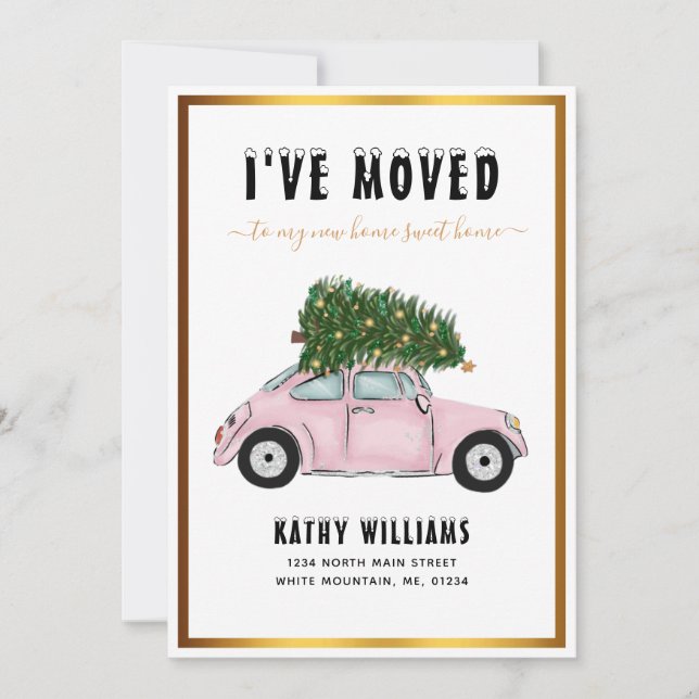 Vintage Pink Car Christmas Tree Holiday Moving Announcement (Front)