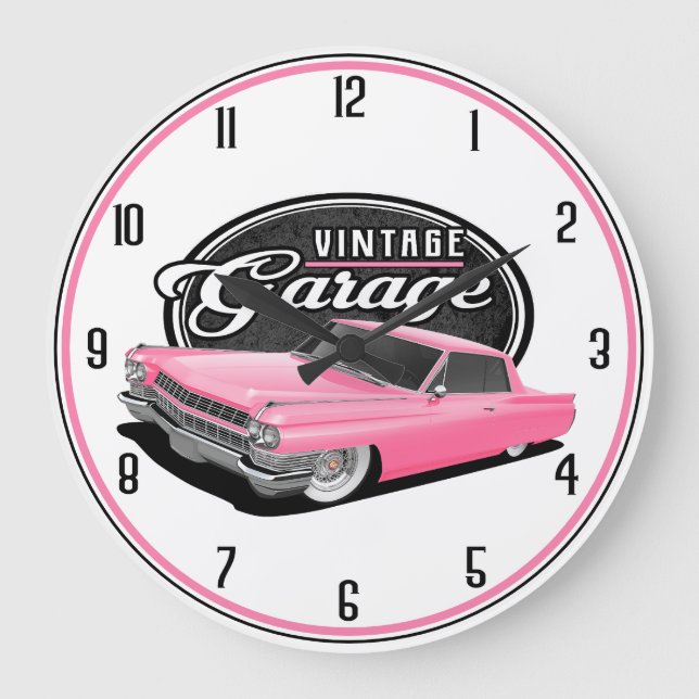 Vintage Pink Car Garage Large Clock (Front)