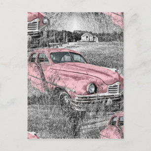 vintage pink car postcard