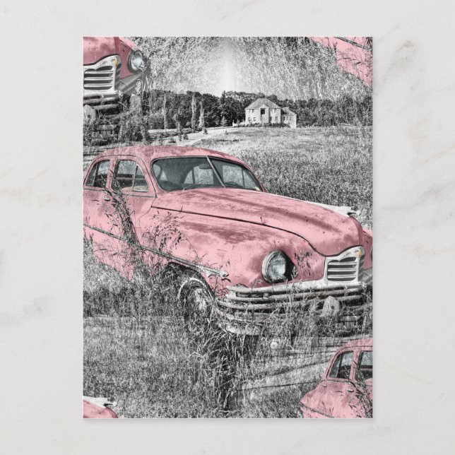 vintage pink car postcard (Front)