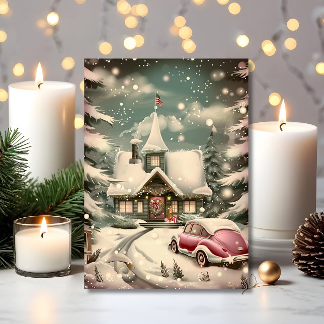 Vintage Pink Car & Snowy Cottage Holiday Card (A vintage holiday scene with a pink car and cozy cottage charm)