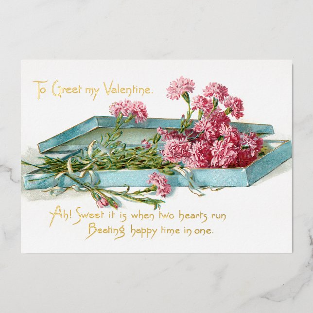Vintage Pink Carnations Valentine Foil Holiday Card (Front)