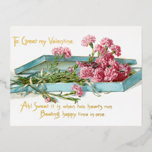 Vintage Pink Carnations Valentine Foil Holiday Postcard