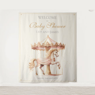 Vintage Pink Carousel Horse Baby Shower Welcome Tapestry