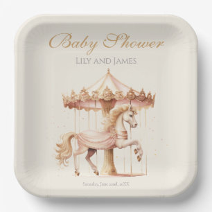 Vintage Pink Carousel Horse Watercolor Baby Shower Paper Plate