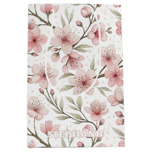 Vintage Pink Cherry Blossom White Floral Pattern Medium Gift Bag