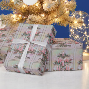 Vintage Pink Christmas Candles Tree Wrapping Paper
