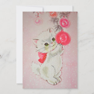 Vintage Pink Christmas Kitten Holiday Card