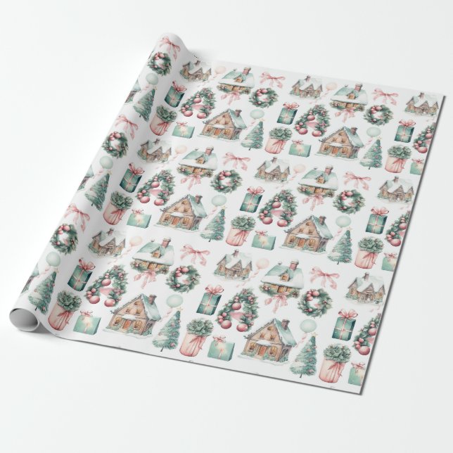 Vintage Pink Christmas Mint Pattern Wrapping Paper (Unrolled)