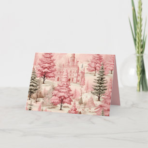 Vintage Pink Christmas Pine Trees Holiday Card