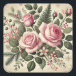 Vintage Pink Christmas Roses Elegant Square Sticker<br><div class="desc">This vintage pink rose Christmas floral design sticker features a timeless arrangement of vibrant pink roses intertwined with lush green leaves, framed by an elegant gold border. The soft, nostalgic feel of the roses, combined with the ornate gold accents, makes this a perfect choice for those seeking to add a...</div>