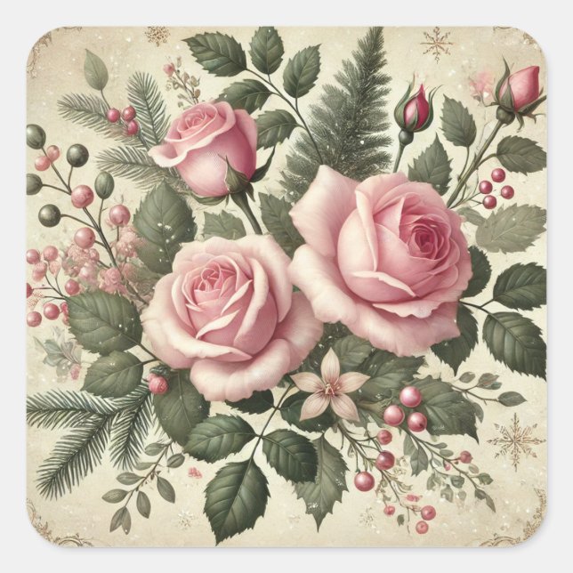 Vintage Pink Christmas Roses Elegant Square Sticker (Front)