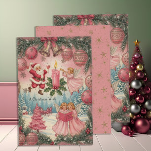 Vintage Pink Christmas Scene Wrapping Paper Sheet
