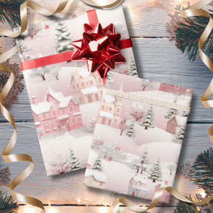 Vintage Pink Christmas Snow Village Holiday Wrapping Paper
