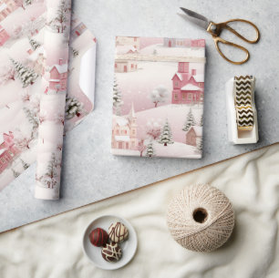 Vintage Pink Christmas Snow Village Wrapping Paper