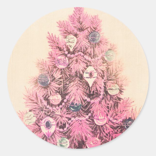 Vintage Pink Christmas Tree Classic Round Sticker (Front)
