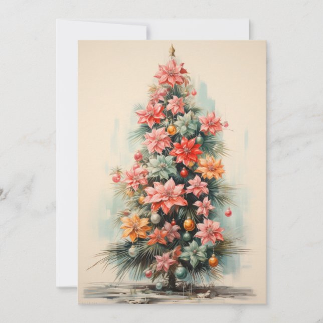 Vintage Pink Christmas Tree Flat Holiday Card (Front)