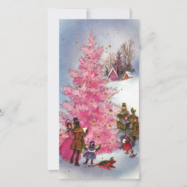 Vintage Pink Christmas Tree Holiday Card (Front)