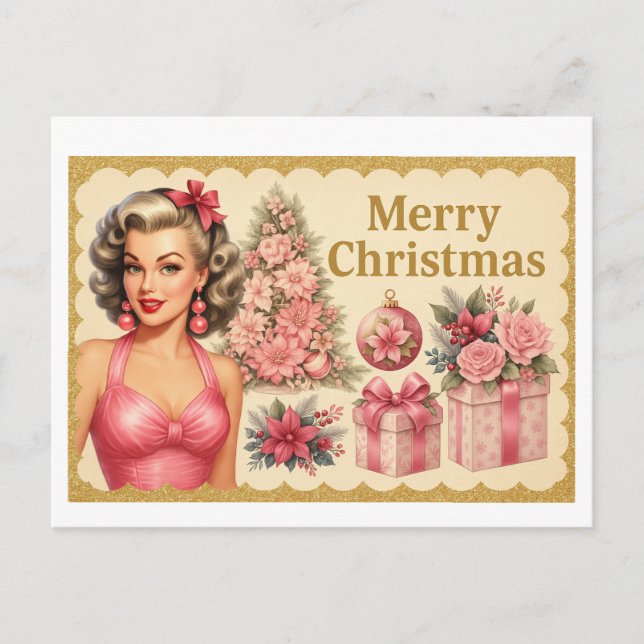 Vintage Pink Christmas Tree Postcard (Front)