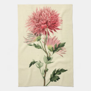 Vintage Pink Chrysanthemum Flower Tea Towel