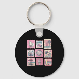 Vintage pink coastal beach summer vacation stamps key ring