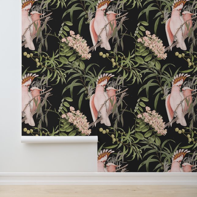Vintage Pink Cockatoo Pattern Wallpaper (Application)