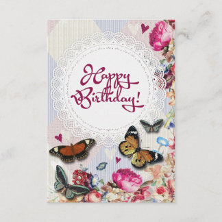 Vintage pink coral floral brown butterfly Birthday Card