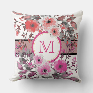 Vintage Pink Coral Floral Modern Monogram Cushion