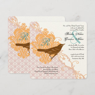 Vintage Pink Coral Mint Love Bird Damask Wedding Invitation