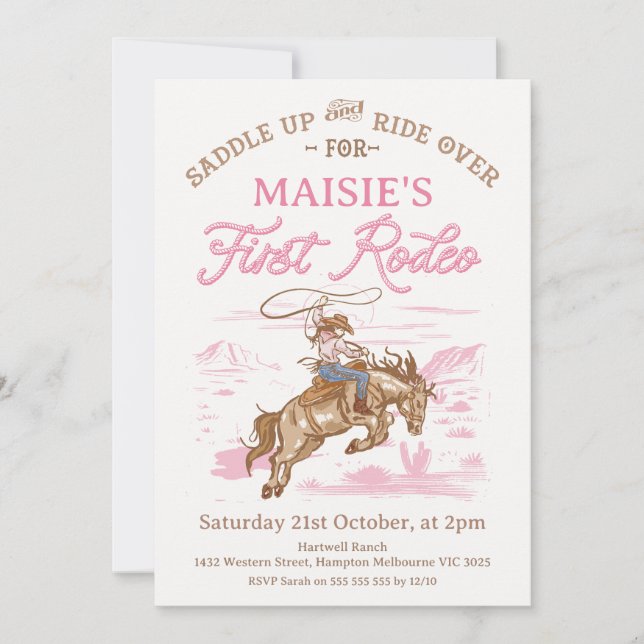 Vintage Pink Cowgirl First Rodeo 1st Birthday Invitation (Front)