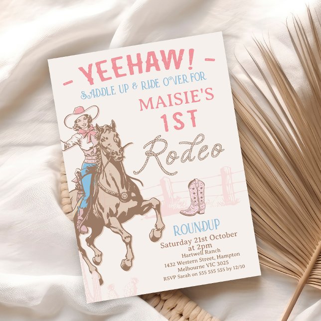 Vintage Pink Cowgirl First Rodeo 1st Birthday Invitation (Vintage Girls First Rodeo Birthday Invitation, 1st Rodeo 1st Birthday Invite, Cowgirl Horse Western)