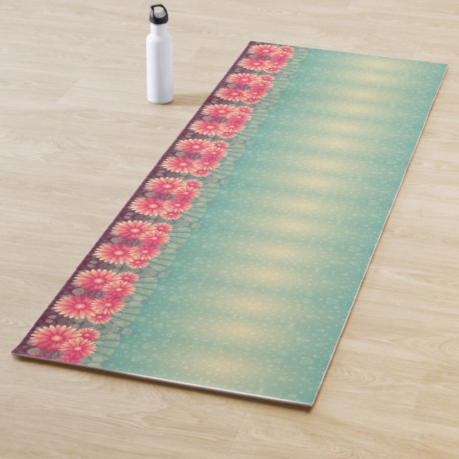 Vintage pink daisy flower mint green yoga mat (In Situ)