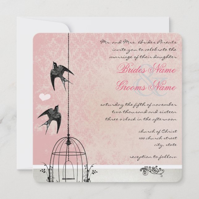 Vintage Pink Damask Birdcage Save the Date (Front)
