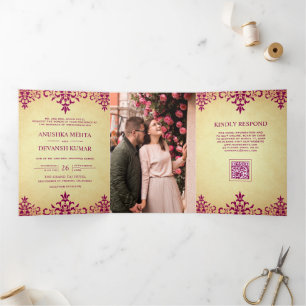Vintage Pink Damask Ethnic QR Code Indian Wedding Tri-Fold Invitation
