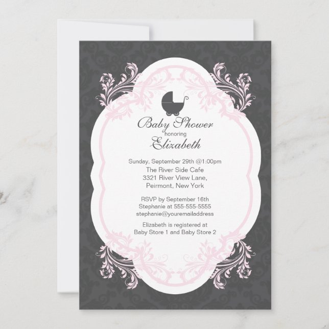 Vintage Pink Damask Girls Baby Shower Invitation (Front)