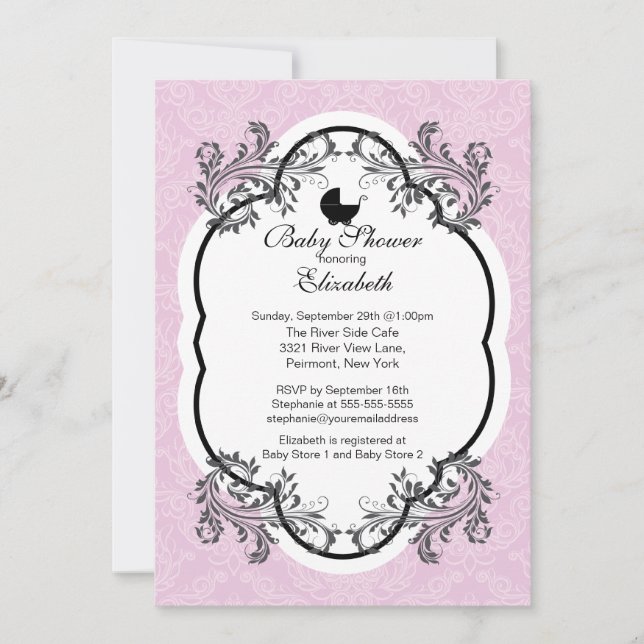 Vintage Pink Damask Girls Baby Shower Invitation (Front)