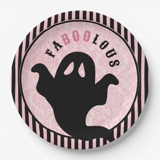 Vintage Pink Damask | Halloween Ghost | FABOOLOUS Paper Plate (Front)
