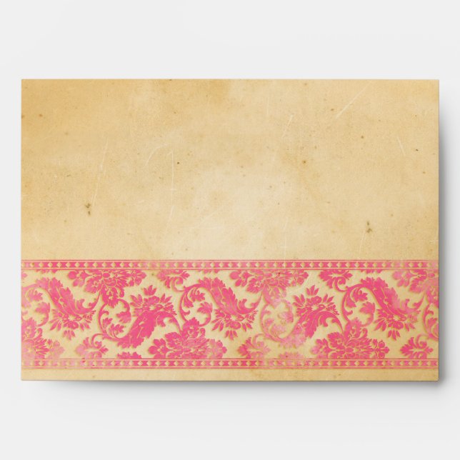 Vintage Pink Damask Lace Wedding Envelopes (Front)