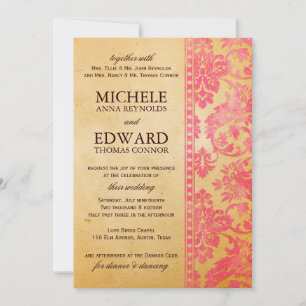Vintage Pink Damask Lace Wedding Invitation