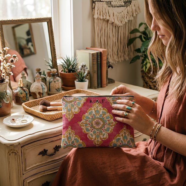 Vintage Pink Damask Monogram Makeup Accessory Pouch (Creator Uploaded)