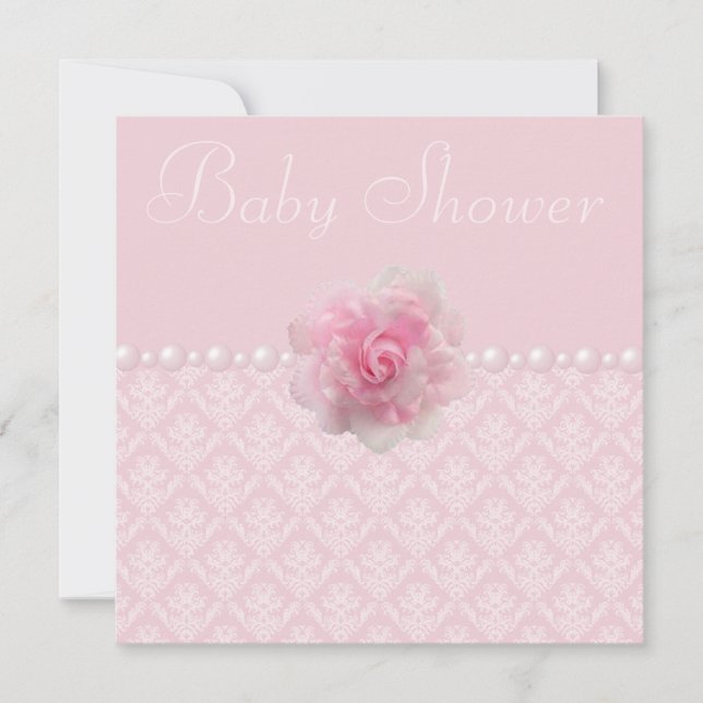 Vintage Pink Damask, Rose & Pearls Baby Shower Invitation (Front)